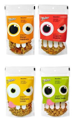 four bags of food with eyes and teeth