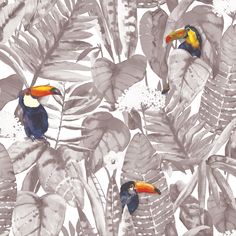 two toucans are sitting on the branches of tropical plants and leaves, painted with watercolors