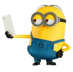 a cartoon minion holding a tablet computer