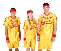 three people in yellow and red uniforms standing next to each other wearing headbands