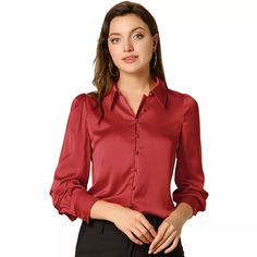 Allegra K Women's Satin Puff Sleeve Point Collar Vintage Button Up Shirt : Target Blouse Puff Sleeve, Vintage Button Up Shirt, Women's Button Down Shirt, Puff Long Sleeves, Satin Blouses, Satin Shirt, Red Button, Satin Blouse, Button Down Blouse