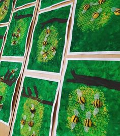 several pictures of bees on green grass with trees and branches in the background, all made up of paper