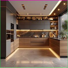 a modern kitchen with marble counter tops and wooden cabinets, along with lights on the ceiling