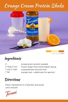 an orange cream protein shake recipe with ingredients to make it into a smoothie or ice cream