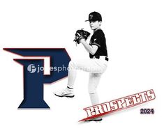 a baseball player pitching a ball on top of a white field with the word frisbees in red, white and blue