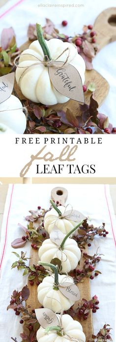 two pictures of white pumpkins with leaves on them and the words free printable fall leaf tags