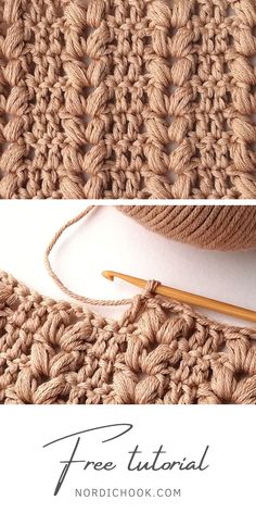 the crochet stitch is being worked on by knitting needles and yarn, with text overlay reading'free pattern '