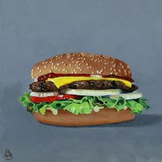 Cheeseburger Painting $240 Painting Realism, Simple Subject, Food Artists, Large Oil Painting, Art Food, Realism Art