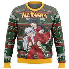 an ugly christmas sweater with anime characters on the front and back, featuring two women hugging each other