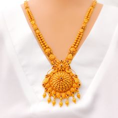 This 22k gold long antique necklace, weighing 34.8 grams, showcases a blooming domed flower design with an antique finish and adorned with Kundan stones. The necklace measures 26 inches in length with a 2.25-inch drop and includes 0.6-inch adjustable links, secured with a hook lock. Ideal for those who appreciate luxurious and timeless jewelry, this piece combines the classic elegance of antique gold with the traditional beauty of Kundan, making it a stunning addition to your collection and perf Antique Long Necklace, Bridal Jewelry Necklace, Traditional Beauty, Precious Stones Rings, Diamond Pendant Sets, Modern Bracelets, Fancy Necklace, Fancy Rings, Mens Gold Rings