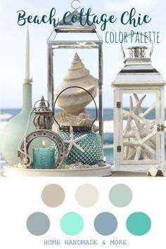 the beach cottage chic color palette is blue, green and white with sea shells