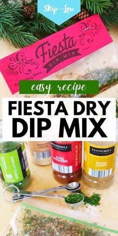 the ingredients to make festy dip mix are shown in front of a christmas tree