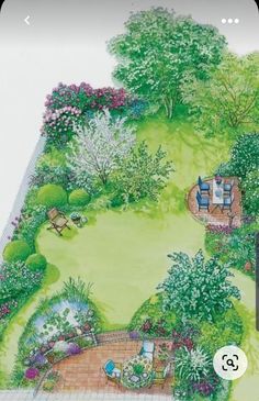 a drawing of a garden with lots of trees and plants on the side of it