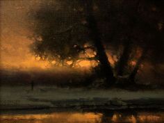 an oil painting of a man standing under a tree by the water's edge