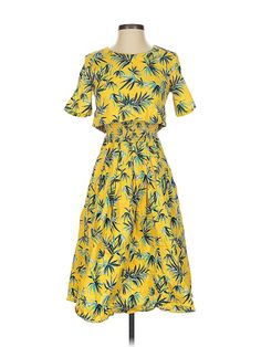 autumn adeigbo Casual Dress Size: 0 Yellow Dresses - used. No Fabric Content, Boatneck, Tropical, Midi/Calf Length, Short Sleeve | autumn adeigbo Casual Dress: Yellow Tropical Dresses - Used - Size 0 Autumn Adeigbo, Yellow Casual Dress, Tropical Dresses, Yellow Dresses, Tropical Dress, Dress Yellow, Yellow Dress, Casual Dresses For Women, Casual Dress