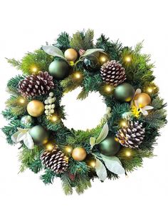 a christmas wreath with pine cones and lights