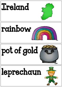 four different pictures with the words ireland, rainbow, pot of gold and leprechaun