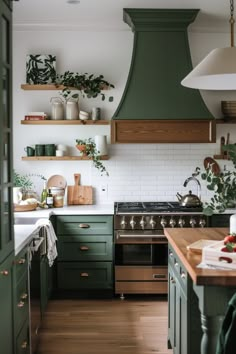 a kitchen with green cabinets and wooden floors is pictured in this image, there are plants on the shelves above the stove