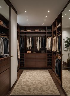 a large walk in closet with lots of clothes hanging on the walls and drawers, along with an area rug