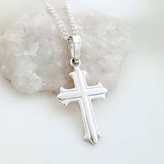 Let this sterling silver cross necklace inspire you in your Christian journey. This Cross will bring you great joy while you proudly wear it as a symbol of your faith. If you need the cross engraved, please use this link to add the engraving service: https://etsy.me/30lndjH  Cast using 100% sterling silver, no pewter, nickel or lead was used to create this piece, buy with peace of mind.   . Collection Small Crosses this link            http://etsy.me/1D8fIPo .  Great collection of Crosses this l Engraved Cross Necklace For First Communion, Silver Engraved Necklace For First Communion, Engraved Silver Necklace For First Communion, Personalized Cross Pendant Necklace For First Communion, Boys Cross Necklace, Om Jewelry, Silver Cross Necklace, Sterling Silver Cross Necklace, First Communion Gifts