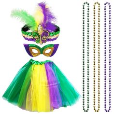 a mardi gras costume with beads and beaded necklaces next to it