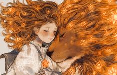 a drawing of a girl hugging a lion with her hair blowing in the wind and glowing lights behind her