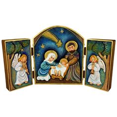 three paintings of the birth of jesus and baby jesus in a manger with angels