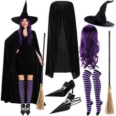 a woman dressed up as a witch with purple hair