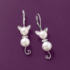 Ross-Simons - 7.5-9mm Cultured Pearl, Diamond-Accented Cat Drop Earrings in Silver. An RS exclusive. Meow! 7.5-9mm cultured freshwater pearl kitties shine in sterling silver with diamond accents. Hanging length is 1 5/8". Leverback, cultured pearl cat drop earrings. Pearl birthstones are the perfect gift for June birthdays. Elegant Silver Cat Design Earrings, Elegant White Jewelry With Cat Design, Elegant Cat Design Jewelry For Anniversary, Elegant White Cat Design Jewelry, Drop Earrings Pearl, Silver Cat Pendant, Pearl Birthstone, Cat Pendant Necklace, Sterling Silver Cat