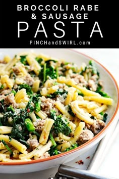 a bowl filled with pasta and broccoli on top of a table