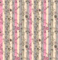 a pink and grey striped wallpaper with flowers on it