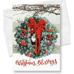 a christmas card with a wreath and red bow