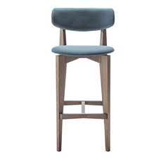 an upholstered bar stool with a blue seat and backrest, viewed from the front