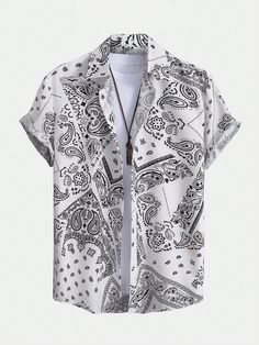 Black and White Boho Collar Short Sleeve Fabric Paisley Shirt Embellished Non-Stretch Summer Men Clothing Blouse Man, Paisley Print Shirt, Paisley Shirt, Street Life, Cotton Shirts For Men, Shirt Detail, Men's Button Down Shirt, Styl Retro, Mens Casual Outfits