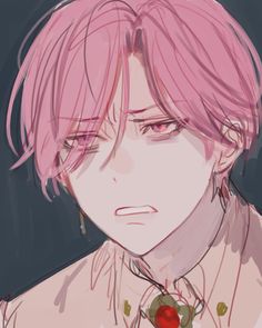 an anime character with pink hair and piercings on his chest, staring at the camera