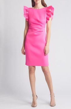 Decadent ruffles bring dramatic volume to the sleeves of a revamped sheath dress shaped with comfortable stretch and artful ruching at the hip. 39" length (size 8) Hidden back-zip closure Bateau neck Cap sleeves Unlined 95% polyester, 5% spandex Dry clean Imported Spring Structured Dresses, Chic Ruffled Elastane Dress, Pink Ruched Dress With Ruffle Sleeves, Pink Fitted Dress With Pleated Sleeves, Pink Fitted Dress With Ruffle Sleeves, Elegant Ruched Dress With Ruffle Sleeves, Formal Ruffle Sleeve Stretch Dress, Cocktail Dress With Ruffle Sleeves, Formal Stretch Dress With Ruffle Sleeves