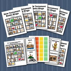 the new testament book bingo game is shown with four different cards and one has an image of