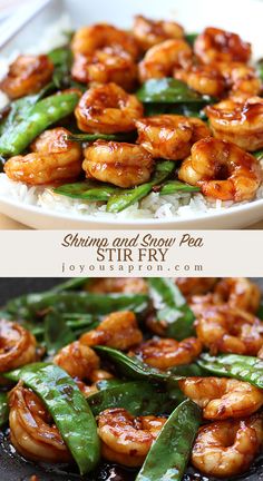 shrimp and snap peas stir fry on rice in a skillet