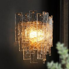 a chandelier made out of glass blocks hanging from a wall next to a plant