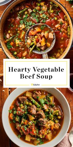 hearty vegetable beef soup in a white bowl on a wooden table with text overlay