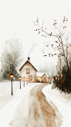 Enchanting snowy path lined with twinkling lanterns, leading to a cozy cabin illuminated with warm lights, evoking a joyful Christmas spirit. Christmas Cabin Wallpaper, Watercolor Paintings Winter, Christmas Art Wallpaper, Painting Ideas For Christmas, Illustration Art Christmas, Watercolor Drawing Ideas, Winter Watercolor Paintings, Christmas Illustration Art, Cozy Background