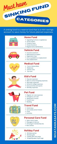 Sinking fund categories Money Saving Categories, What Are Sinking Funds, Sinking Funds Ideas, Sinking Funds Categories List, Budget Envelopes Categories, Cash Stuffing Categories, Saving Categories, Mercury Scorpio, Savings Categories