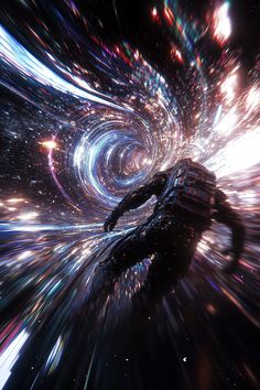 a person standing in the middle of a space filled with stars and light streaks,