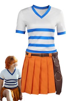 a man in an orange skirt and white shirt is next to a blue and white t - shirt