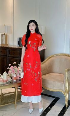 Very elegant design Elegant Floral Embroidered Ao Dai For Summer, Elegant Long Cheongsam For Summer, Elegant Long Summer Cheongsam, Red Long Cheongsam For Spring, Red Elegant Cheongsam For Spring, Elegant Red Cheongsam For Spring, Elegant Short Sleeve Ao Dai For Festive Occasions, Elegant Fitted Ao Dai For Spring, Fitted Elegant Ao Dai For Spring