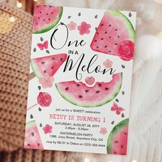 a watermelon themed birthday party is featured in this image with the text, one in a melon