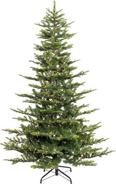 a green christmas tree on a stand with white lights in the center and bottom branches