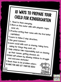 a sign with the words 10 ways to prepare your child for kindergartia