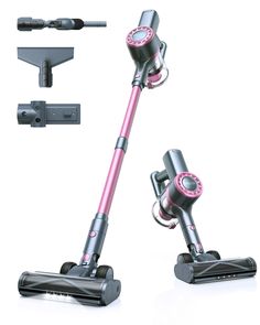 two different types of vacuum cleaners with pink and silver trimmings on them