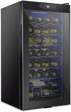 a wine cooler with many bottles in it